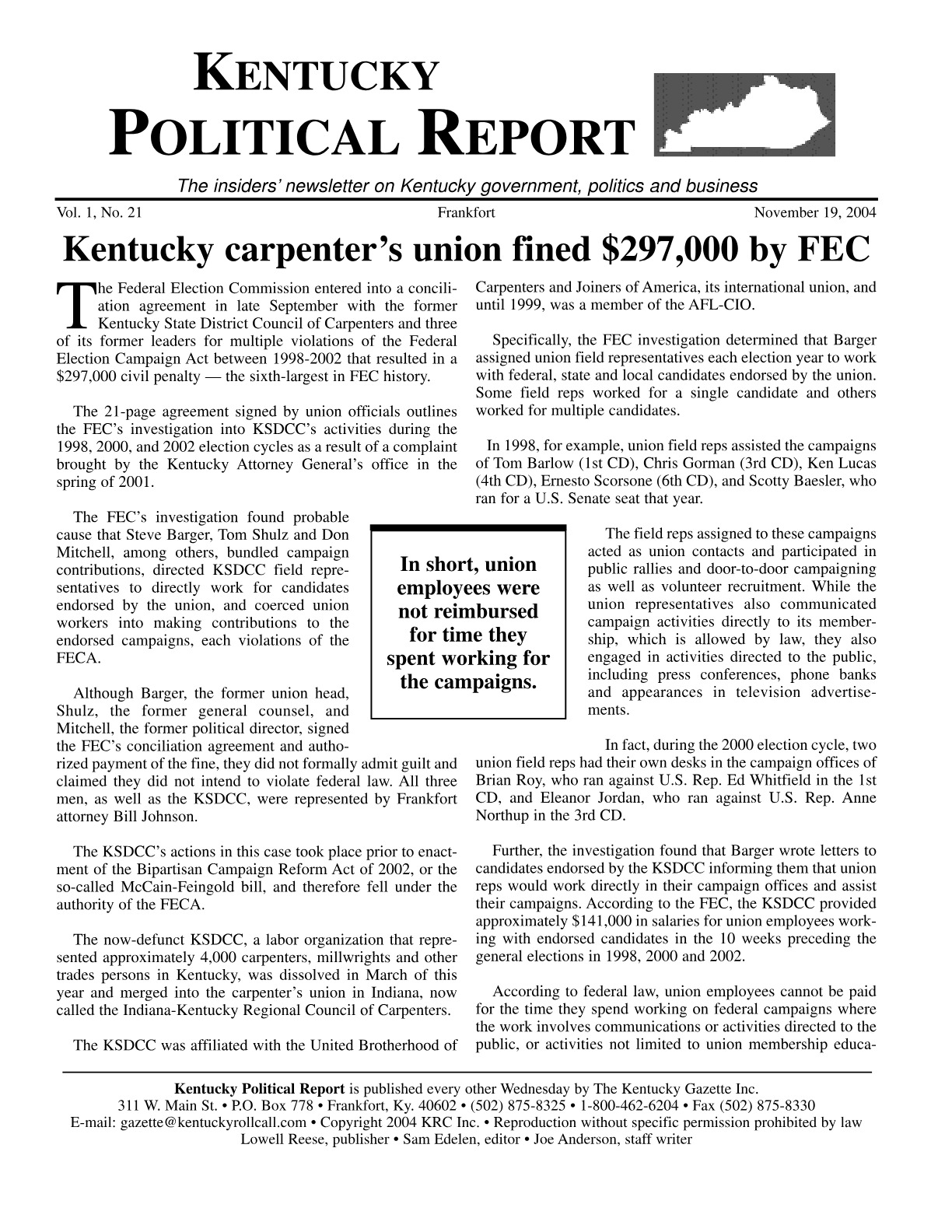Kentucky Political Report sample page