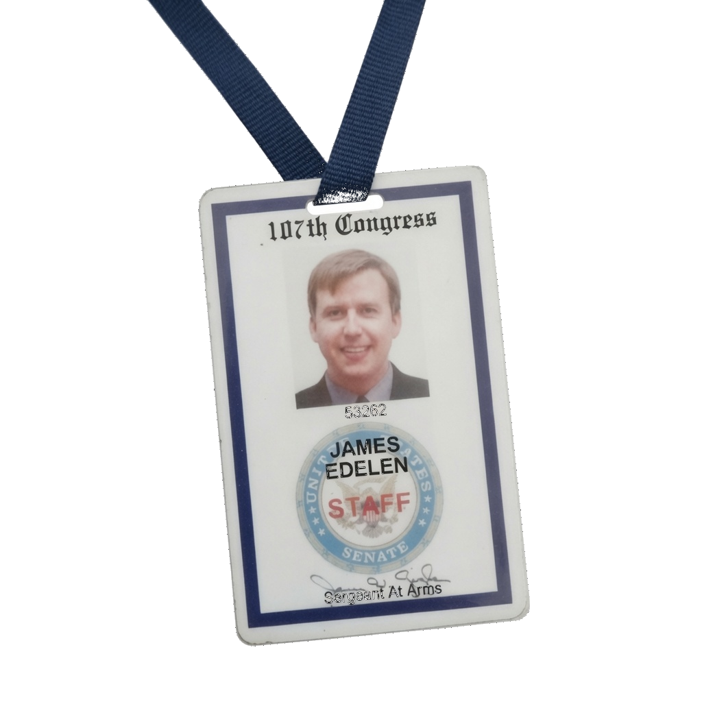 U.S. Senate staff identification badge for James Edelen, 107th Congress, on a lanyard