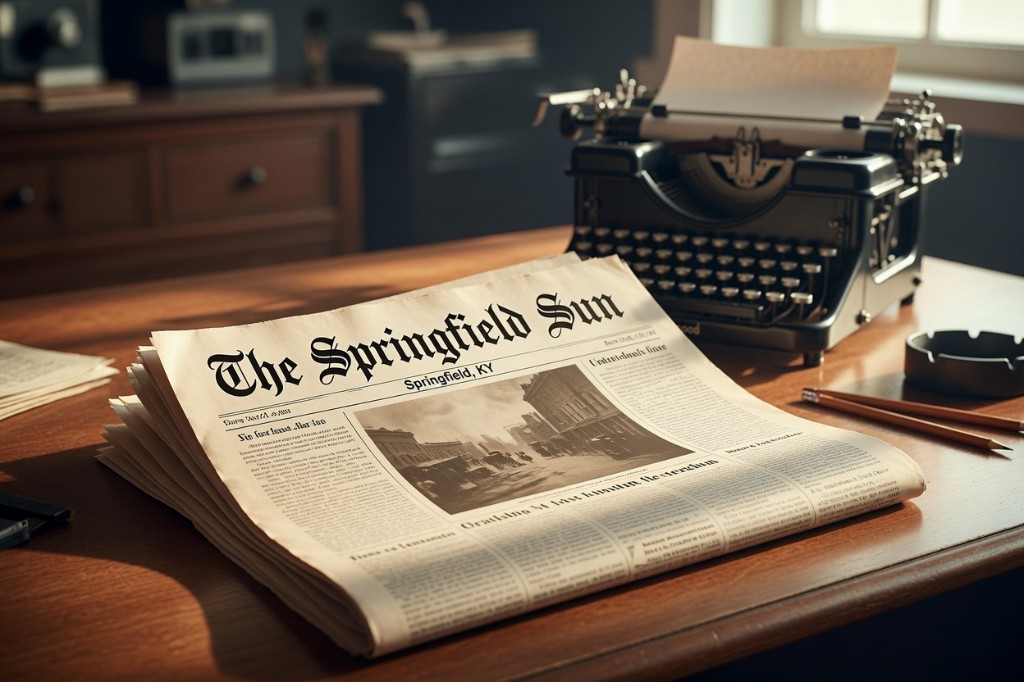 The Springfield Sun newspaper and a vintage typewriter on a wooden desk